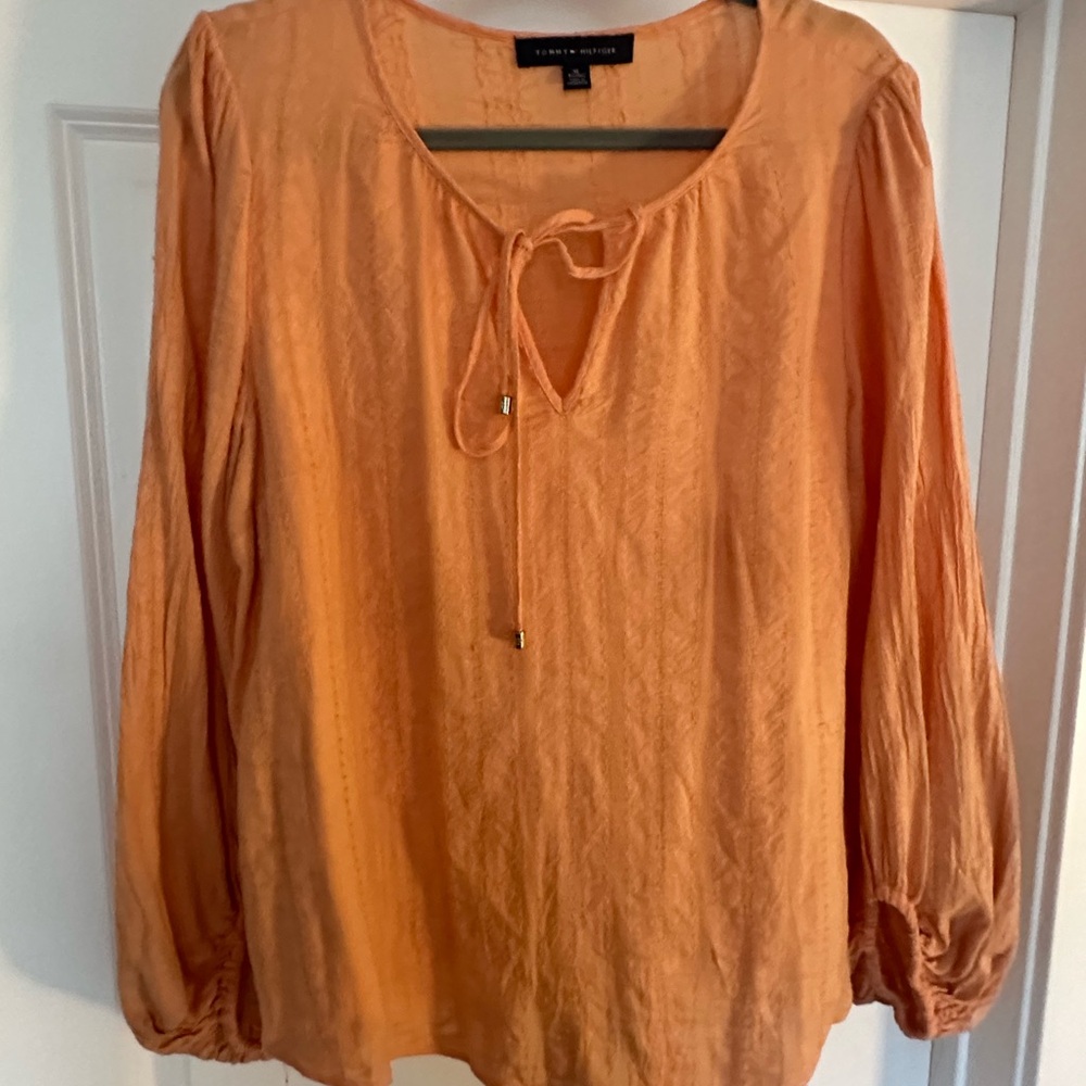 Tommy Hilfiger Orange Tie-Neck Long Sleeve Blouse